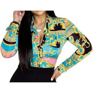 Women Blue Button Down Shirts Colorful Long Sleeve Floral Print Top